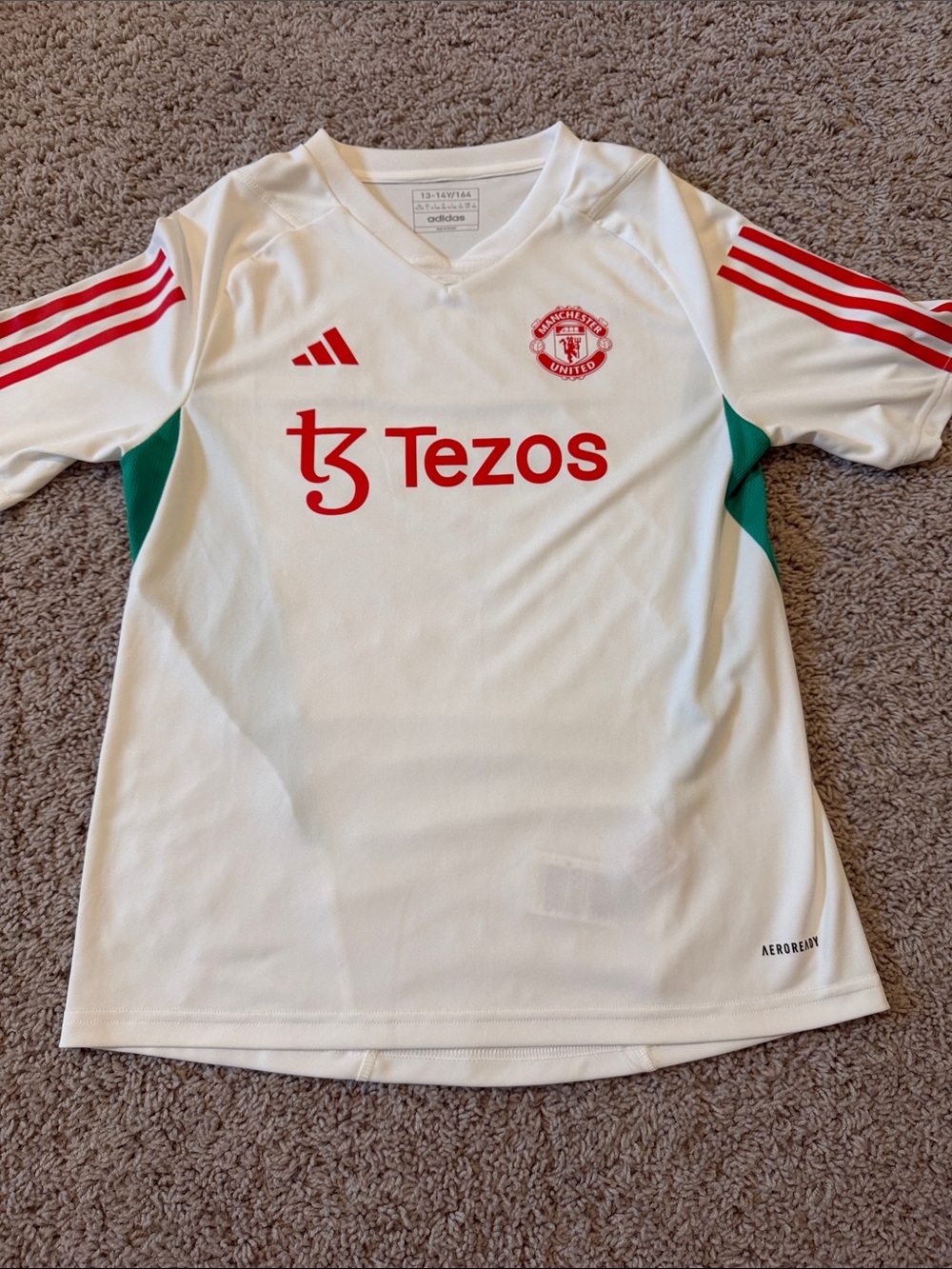 adidas Kids Manchester United White Soccer Jersey with Red & Green Accents